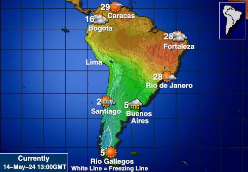 Ameryka Łacińska Prognoza pogody temperaturę na mapie 